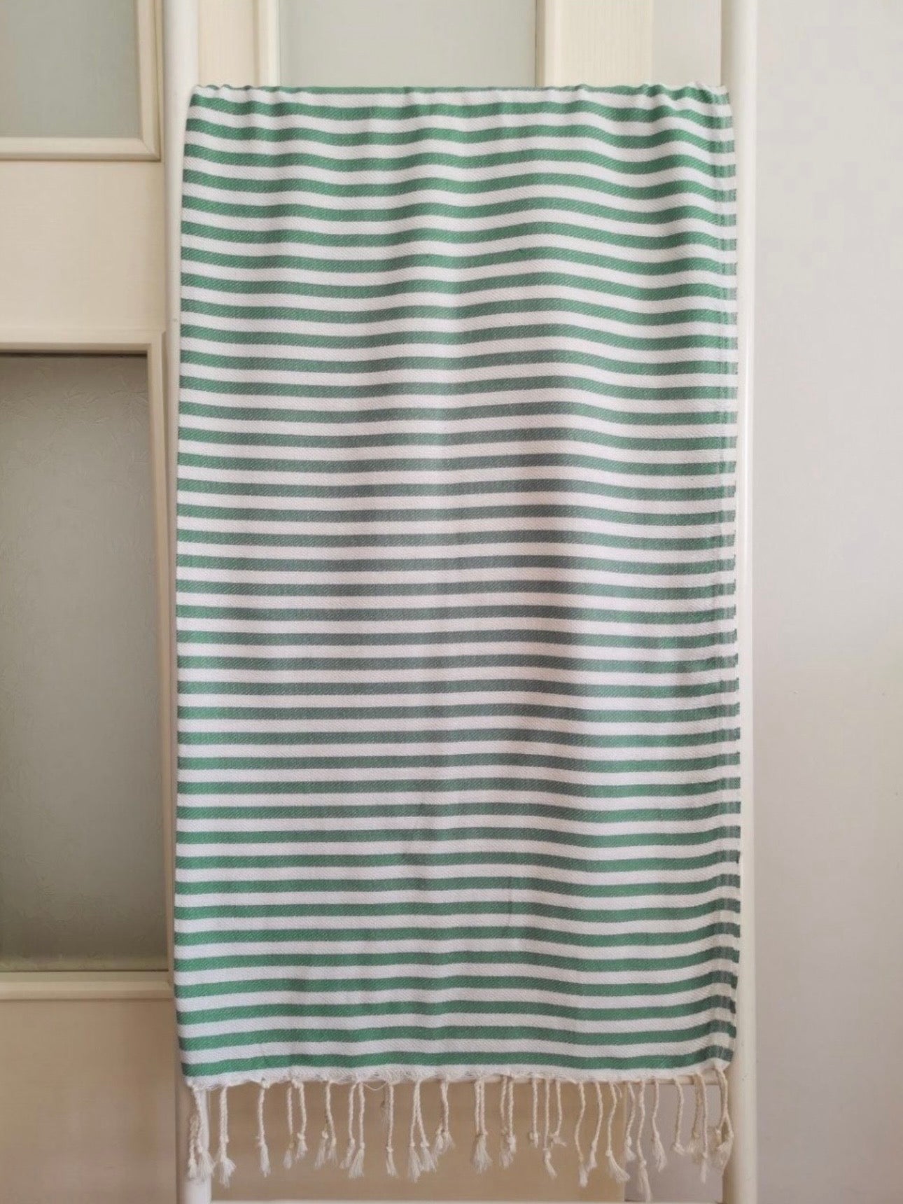Green&White Strip Beach Towel | Organic Turkish Beach Towel – Unfoldie