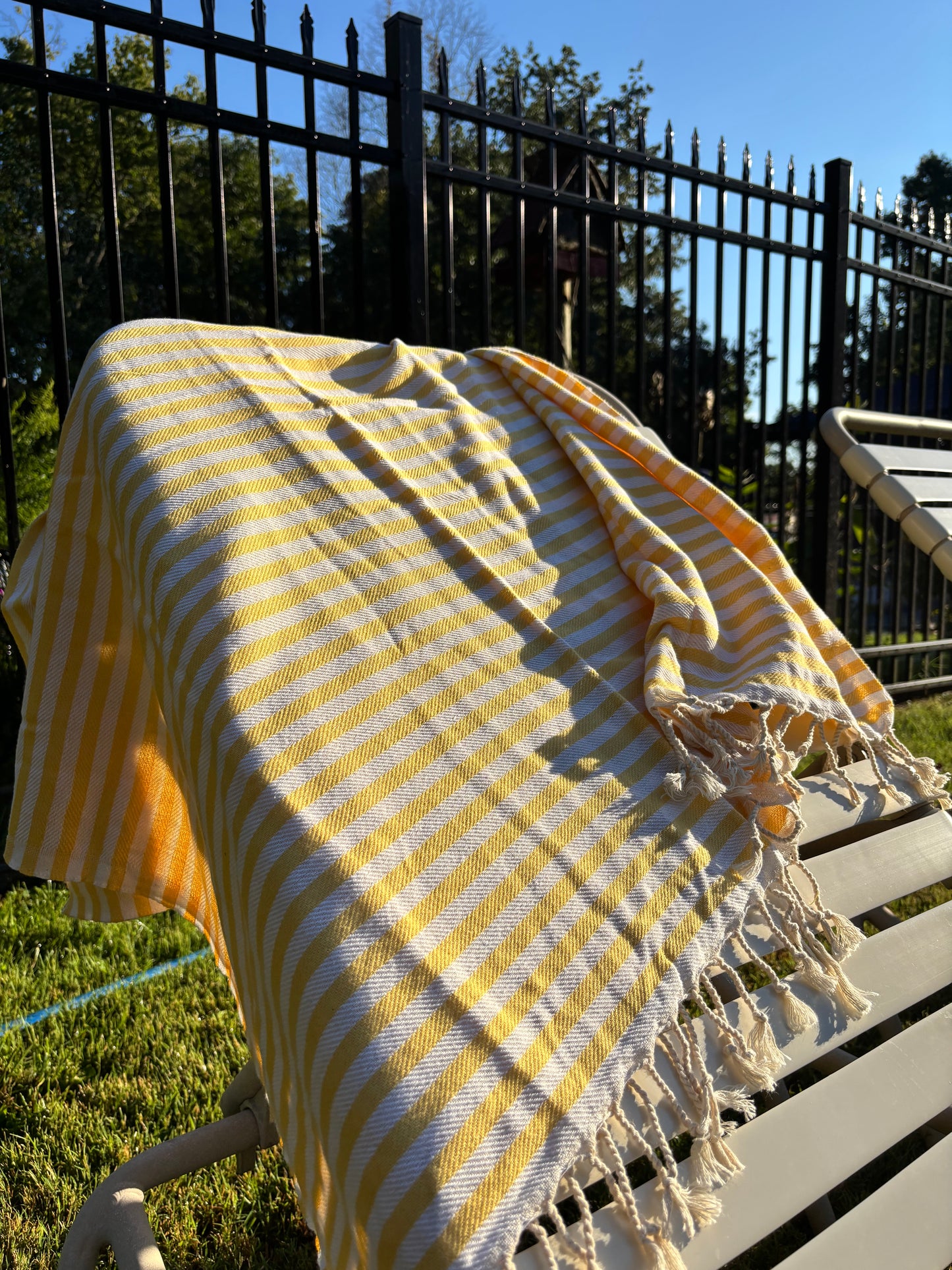 Yellow and White Strip Beach Towel | Organic Turkish Beach Towel – Unfoldie